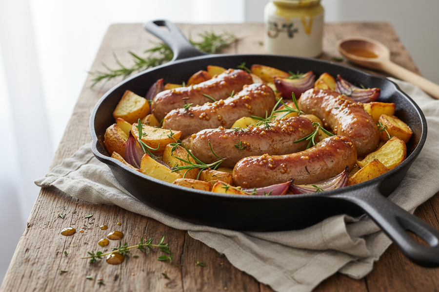 Mustard Pickle Sausage Tray Bake